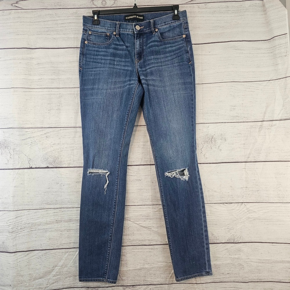 Express Super Skinny Jeans 10 Long Distressed Mid Rise Stretch L768